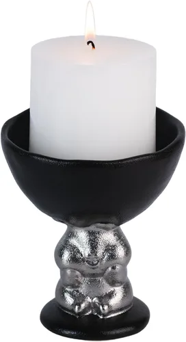 Vista 2 de KAMMAK Portavelas de cerámica con base de figura de conejo plateado, soporte de pedestal festoneado negro mate para velas de pilar, diseño inspirado