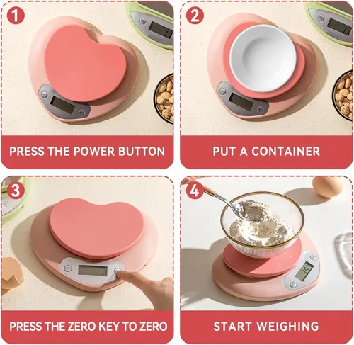 Vista 3 de Linda báscula de alimentos, báscula digital en forma de corazón con pantalla LCD recargable para cocinar, hornear, pesar alimentos [0.04 oz/11.0 lbs]