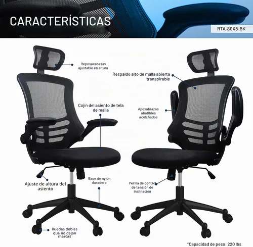 Vista 4 de Techni Mobili Silla de oficina de malla de respaldo alto con reposacabezas Negro