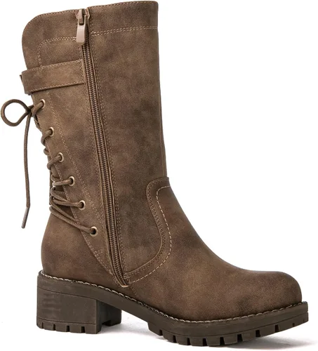 Vista 3 de Globalwin - Botas de motociclista para mujer, agujetas, a media pantorrilla, estilo militar, para festivales