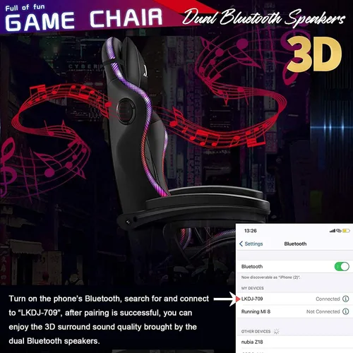 Vista 7 de Silla ergonómica para juegos profesional con soporte lumbar de masaje completo, altavoces Bluetooth, respaldo ajustable, color blanco