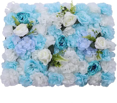 Vista 10 de Paneles de flores artificiales para decoración de pared, 6 piezas de rosas falsas, peonía, eucalipto, telón de fondo de pared de rosas para fiesta 6