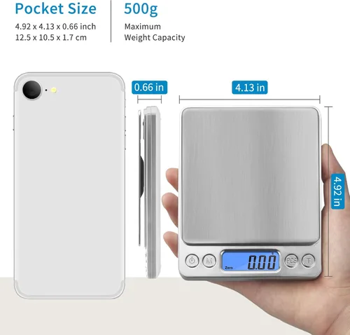 Vista 2 de Balanza digital de cocina, de bolsillo. Pesa desde 0.01 hasta 500 gramos. Balanza de precisión, portátil, para pesar alimentos, joyas