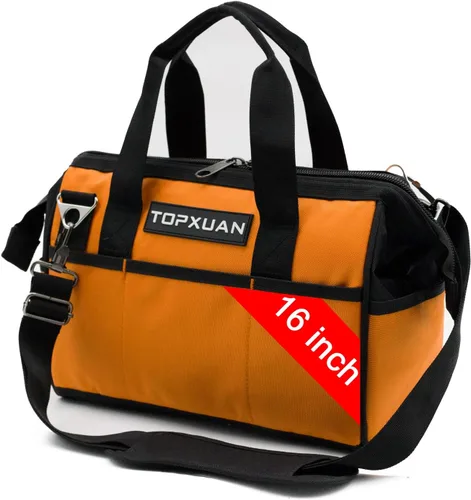 Vista 8 de Bolsa de herramientas resistente de 16 pulgadas, base de plástico moldeada, tela Oxford 900D impermeable, organizador de herramientas de boca ancha