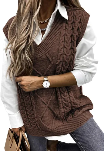 Vista 25 de EVALESS Chaleco Suéter de Gran Tamaño para Mujeres Cuello en V Sin Mangas Color Sólido Suéter Pullover Suelto 1 caqui.