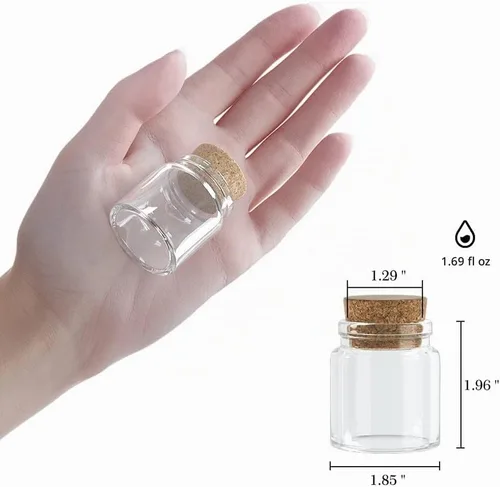 Vista 2 de Danmu Mini botellas de vidrio de 1.7 fl oz, frascos pequeños con tapones de corcho de madera, botellas de mensaje para recuerdos de boda, recuerdos
