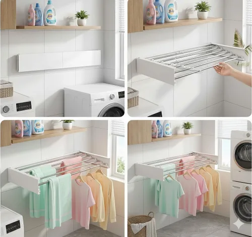 Vista 3 de Estante de secado de ropa montado en la pared 31.5" plegable, 60 libras para lavandería y apartamento Carbon Steel & Stainless Steel, 60 lb