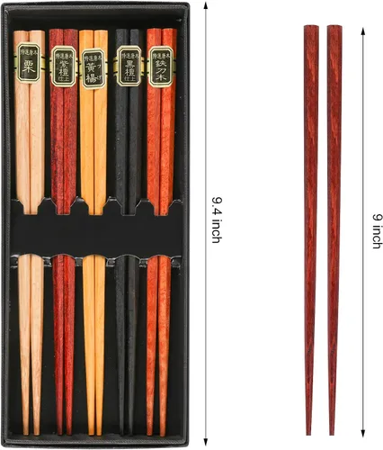 Vista 2 de BENBO - Juego de palillos japoneses de madera, 10 pares de palillos de madera natural con cajas de madera tallada a mano, reutilizable, minimalista