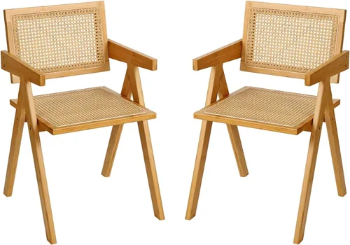 Vista 13 de Furlide Juego de 2 sillas de comedor de ratán, sillas de comedor modernas de mediados de siglo con brazos, sillas de bambú para exteriores