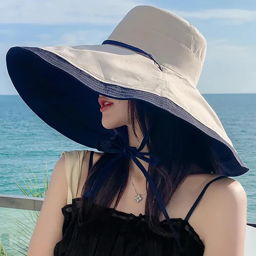 Vista 33 de Sombrero de sol de ala súper ancha para mujer, de algodón, plegable, reversible, con borde con cable, protección UV, verano, playa, viajes, jardín