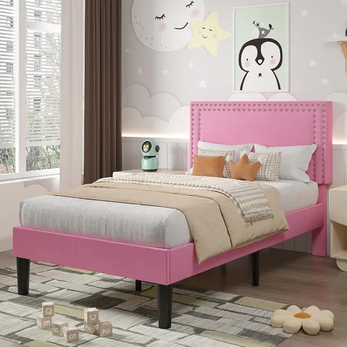 Vista 122 de VECELO Base de cama de plataforma de tamaño individual con cabecera tapizada de altura ajustable, base de colchón moderna, soporte de listones