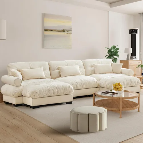 Vista 31 de Reposapiés Otomano Tapizado de Terciopelo con Cojín para Sofá Seccional Sofá 300 libras para Sala de Estar (Beige)