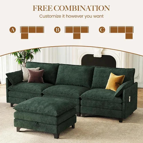 Vista 3 de Sofá modular moderno en forma de L de 106 pulgadas, sofá nube de felpilla con otomana de almacenamiento, sofás de asiento profundo con bolsillo Verde