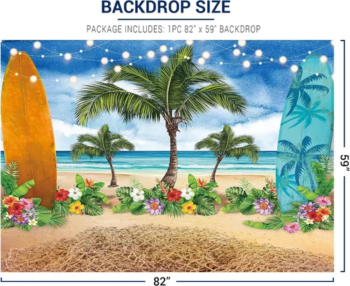 Vista 3 de Allenjoy Fondo de fotografía de verano para playa, océano, cielo azul, tabla de surf, palmeras tropicales, Luau para niños y niñas, decoración