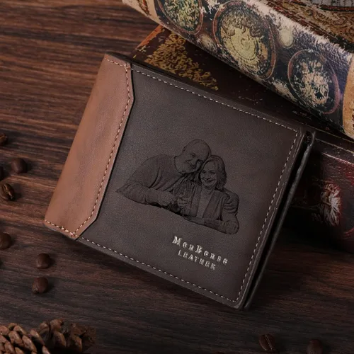 Vista 31 de INBLUE Billetera plegable grabada personalizada, cartera de cuero personalizada con foto y texto grabado, regalos para hombres, marido, papá, hijo