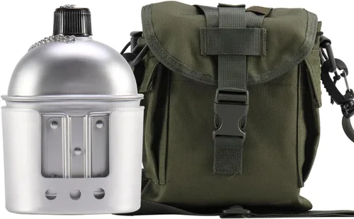 Vista 3 de Cantimplora Militar con Taza, Estufa y Bolsa Molle, Cantimplora Militar de Superávit del Ejército para Acampada al Aire Libre, Senderismo