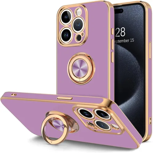 Vista 13 de Hython Funda para iPhone 15 con Soporte de Anillo, Soporte de Anillo Giratorio de 360° Soporte Magnético, Borde Chapado en Oro Rosa Cubierta Suave