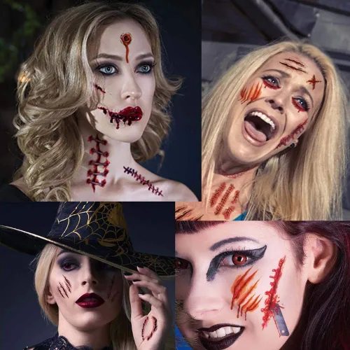 Vista 2 de Tatuajes de Halloween, 30 hojas de tatuaje temporal, tatuajes realistas de Halloween, cicatrices de zombies, tatuajes falsos sangrantes para heridas