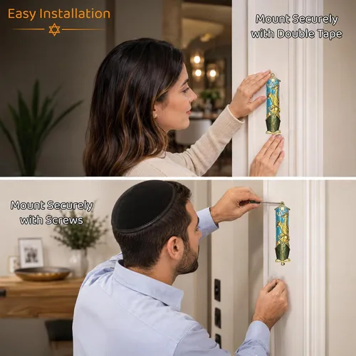 Vista 4 de Matashi Mezuzah para puerta con pergamino, pintado a mano esmalte azul Arca de Noé Mezuzah caso con jirafas, elefante y espinilla hebrea, decoración