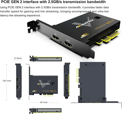 Vista 5 de AVMATRIX Tarjeta de captura PCIE VC12-4K 4k para transmisión en vivo de juegos y grabación en 4K60 UHD con latencia ultra baja en PS5 PS4/Pro Xbox