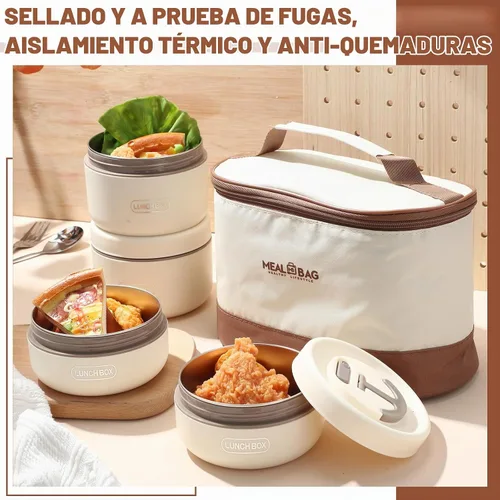 Vista 2 de Dandat 4 Piezas Caja Bento Aislada Contenedor Portátil de Acero Inoxidable para Alimentos Redondo Apto para Microondas Apilable A Prueba de Fugas