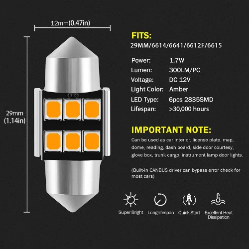 Vista 3 de AUXLIGHT 6614 6641 6612F 6615 F30-WHP TS-14V1CP Bombillas LED de 29 mm de 1.14” Festoon para luz interior de ámbar amarillo, súper brillantes