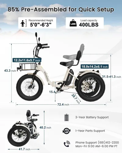 Vista 7 de MOONCOOL Triciclo eléctrico para adultos, 20 x 4 pulgadas, triciclo eléctrico con neumáticos gruesos, bicicleta eléctrica de 3 ruedas de 48 V, 500