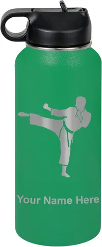 Vista 31 de Botella de agua personalizada LaserGram, Karate Man, de acero inoxidable con aislamiento al vacío de doble pared con tapa abatible, regalo grabado