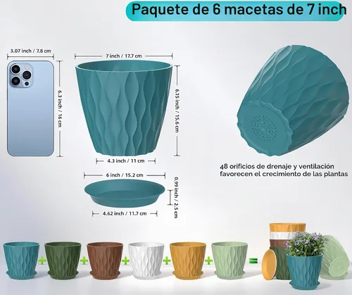 Vista 2 de Paquete de 6 macetas de 7 pulgadas con drenaje y platillos, macetas de plástico multicolor para plantas de interior y exterior, macetas apilables
