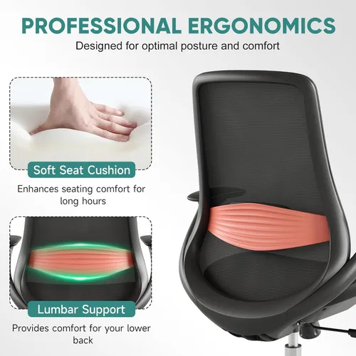 Vista 4 de Silla de oficina ergonómica de malla, silla de escritorio ejecutiva de 330 libras con soporte lumbar, reposabrazos 2D, cómodas sillas giratorias