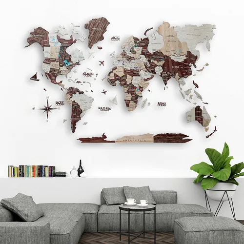 Vista 2 de Mapa del mundo de madera 3D, decoración de la casa, sala de estar, arte de pared 3D para el hogar, oficina, decoración de pared de madera, mapa