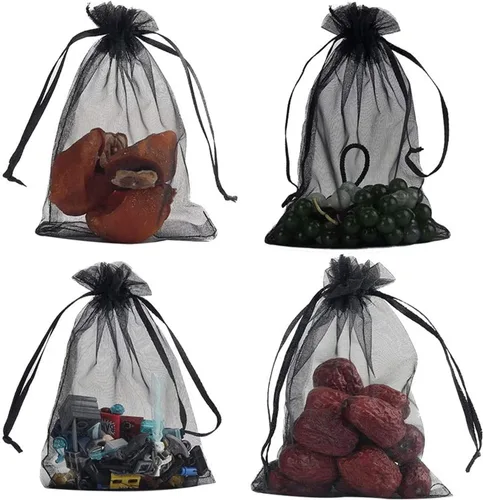 Vista 4 de 100 piezas por paquete 5x7 Bolsas de regalo transparentes negras, tela de organza transparente, bolsas de malla transparentes con cordón