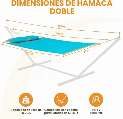 Vista 2 de Lazy Daze Hammocks Hamaca de tela acolchada doble de 12 pies con barra separadora y almohada desmontable, hamaca para 2 personas para exteriores