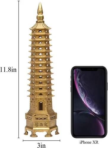Vista 2 de Estatua de Feng Shui de latón Wenchang Pagoda Capa 13 Torre 11.8 "Longitud Escultura Oficina Hogar Escritorio Decoración Artefactos Atraer Carrera