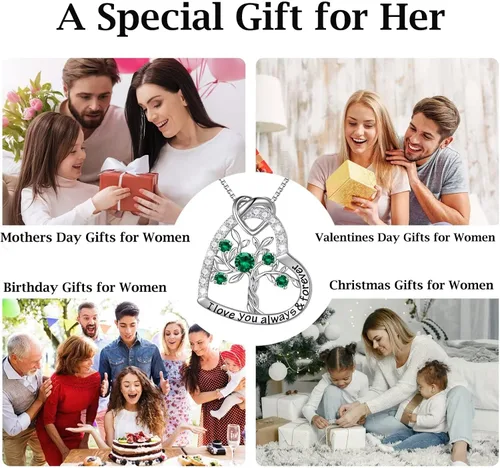 Vista 5 de Iefil Regalos para el día de la madre, collar de plata de ley 925 con piedra natal del árbol de la vida, regalo de aniversario del día de San