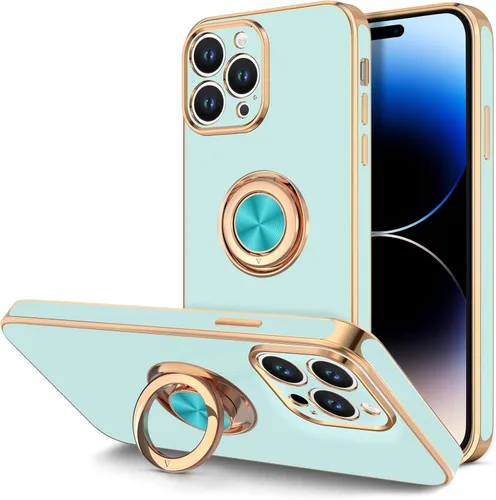 Vista 16 de Hython - Funda para iPhone 14 Pro con soporte de anillo [soporte magnético de anillo giratorio de 360°] [soporte para montaje en coche] Borde dorado