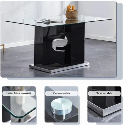 Vista 4 de Ebullient Juego de mesa de comedor de cristal de 63 pulgadas para 6, mesa de comedor de vidrio negro y base de MDF, mesa de cocina rectangular Mesa