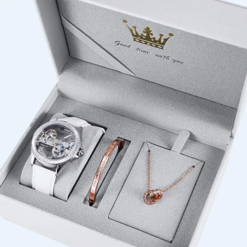 Vista 3 de OLEVS Reloj de mujer con diseño de esqueleto, mecánico automático, plateado, de lujo, impermeable, luminoso, conjunto de regalo