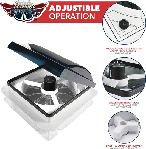 Vista 3 de Ventilador de Techo para RV de 14" x 14" 12V Elevador Manual Reversible con Elevación Manual y Tapa Ahumada