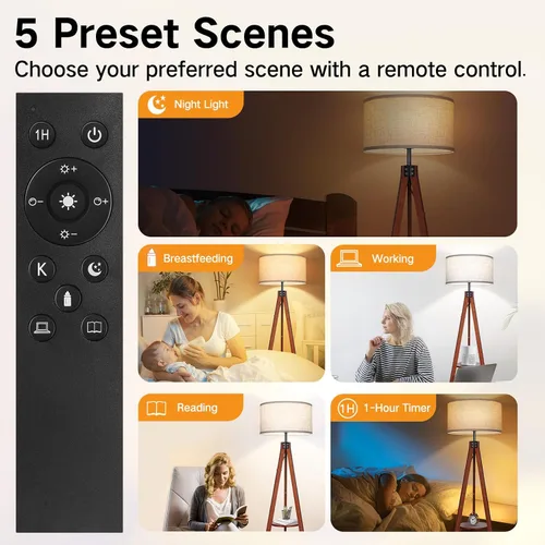 Vista 3 de OUTON Lámpara de pie con trípode de madera regulable con estantes, control remoto, lámpara de pie moderna de mediados de siglo de 58.5 pulgadas