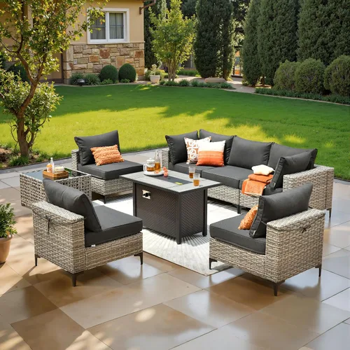 Vista 9 de ovios Muebles de patio de 8 piezas con hoguera, juego de conversación de mimbre de ratán para exteriores con mesa de centro brillante, cómodo sofá