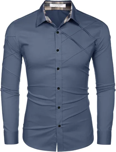 Vista 4 de COOFANDY Camisas de vestir de algodón para hombre, manga larga, cuello a cuadros, ajuste delgado, casual, con botones