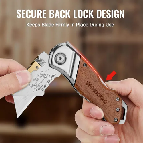Vista 6 de WORKPRO Cuchillo utilitario plegable con clip para cinturón y cuchillas adicionales de 10 piezas, mango de madera, cortador resistente, cambio