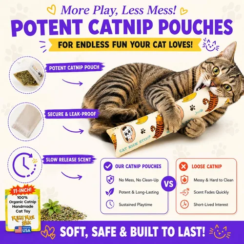Vista 6 de Kitty Kick Stix Juego de 2 (11 pulgadas) – Juguete duradero para gatos – Pateador de hierba gatera para gatos y gatitos – Juguetes interactivos
