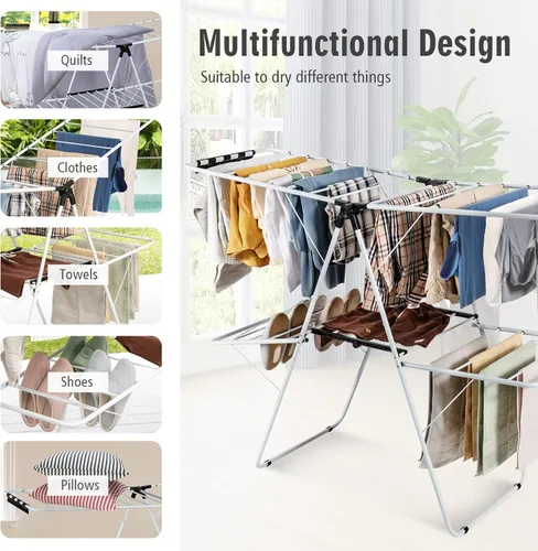 Vista 2 de Nightcore Estante de secado de ropa de 2 capas, estante de secado de aluminio con altura ajustable, no necesita montaje, estante compacto plegable