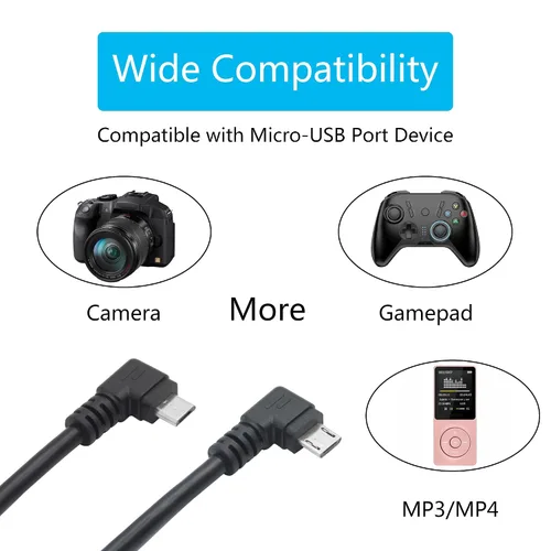 Vista 5 de Cable de extensión micro USB corto de 9 pulgadas, 90 grados de ángulo izquierdo y recto micro USB macho a hembra de 5 pines de datos de carga