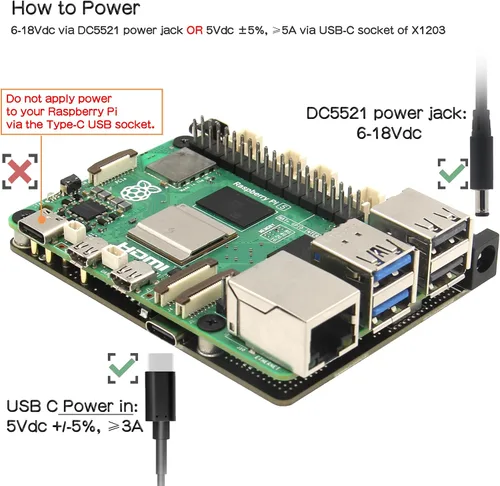 Vista 4 de Geekworm X1203 - Placa de expansión UPS de 5 V para Raspberry Pi 5, entrada ancha de 6-18 V Max 5.1V 5A Output, Power Management, Auto Power On