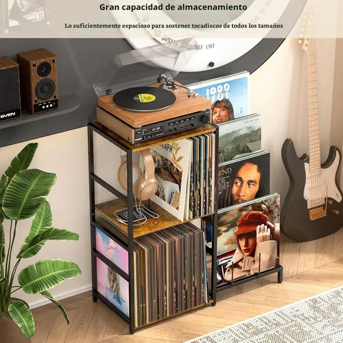 Vista 5 de Soporte para tocadiscos, mesa para tocadiscos con almacenamiento de vinilos de 4 niveles, almacenamiento para tocadiscos de hasta 200+ álbumes