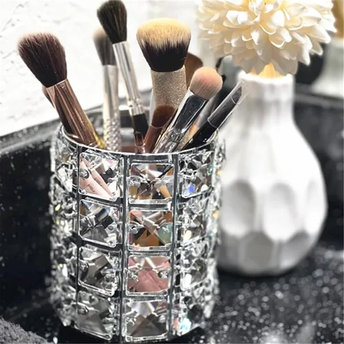 Vista 2 de LUGUNU - Organizador para brochas de maquillaje con brillo de cristal dorado personalizado, con peine de oro, caja de almacenamiento para bolígrafos