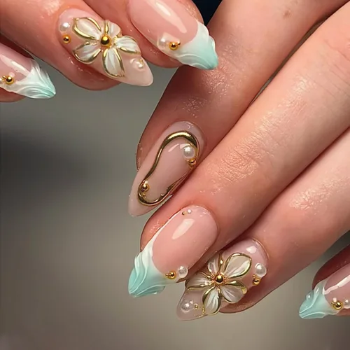 Vista 9 de Nude French Tip Acrylic Medium Almond Press on Nails Flower Fake Nails LHD-Almond-006-03